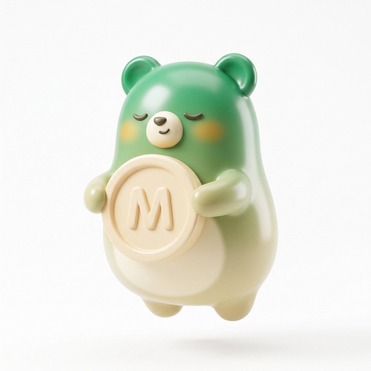 Mimo, the MIMOS bear, hugging a coin embossed with an M